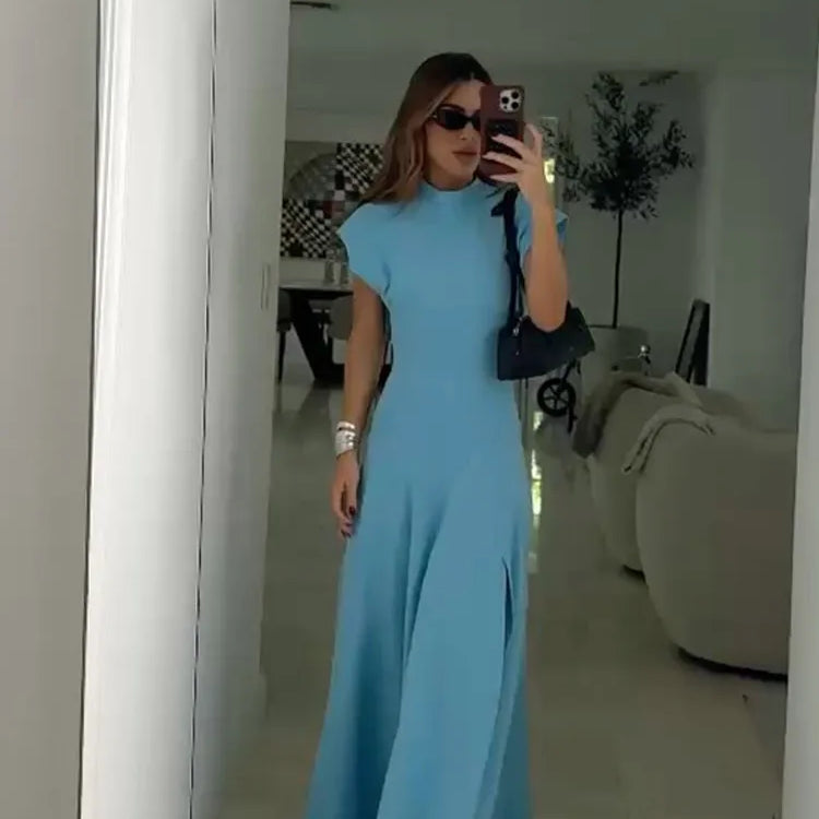 Chic Shoulder Pad Round Neck Solid Maxi Dress Women Elegant Sleeveless A-line Long Dresses 2024 Lady Fashion High Street Robes