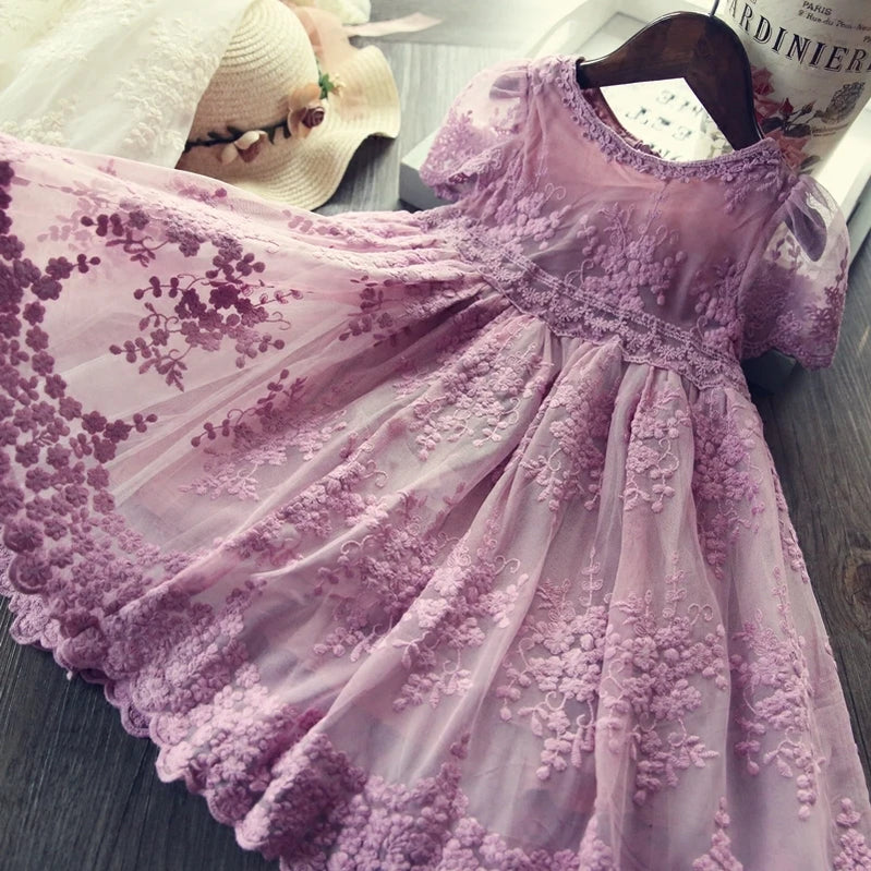 Elegant Flower Girls Dress Wedding Party Princess Dress Casual Kids Clothes Lace Long Sleeves Dress Children's Vestidos For 3-8T Purple 2-2