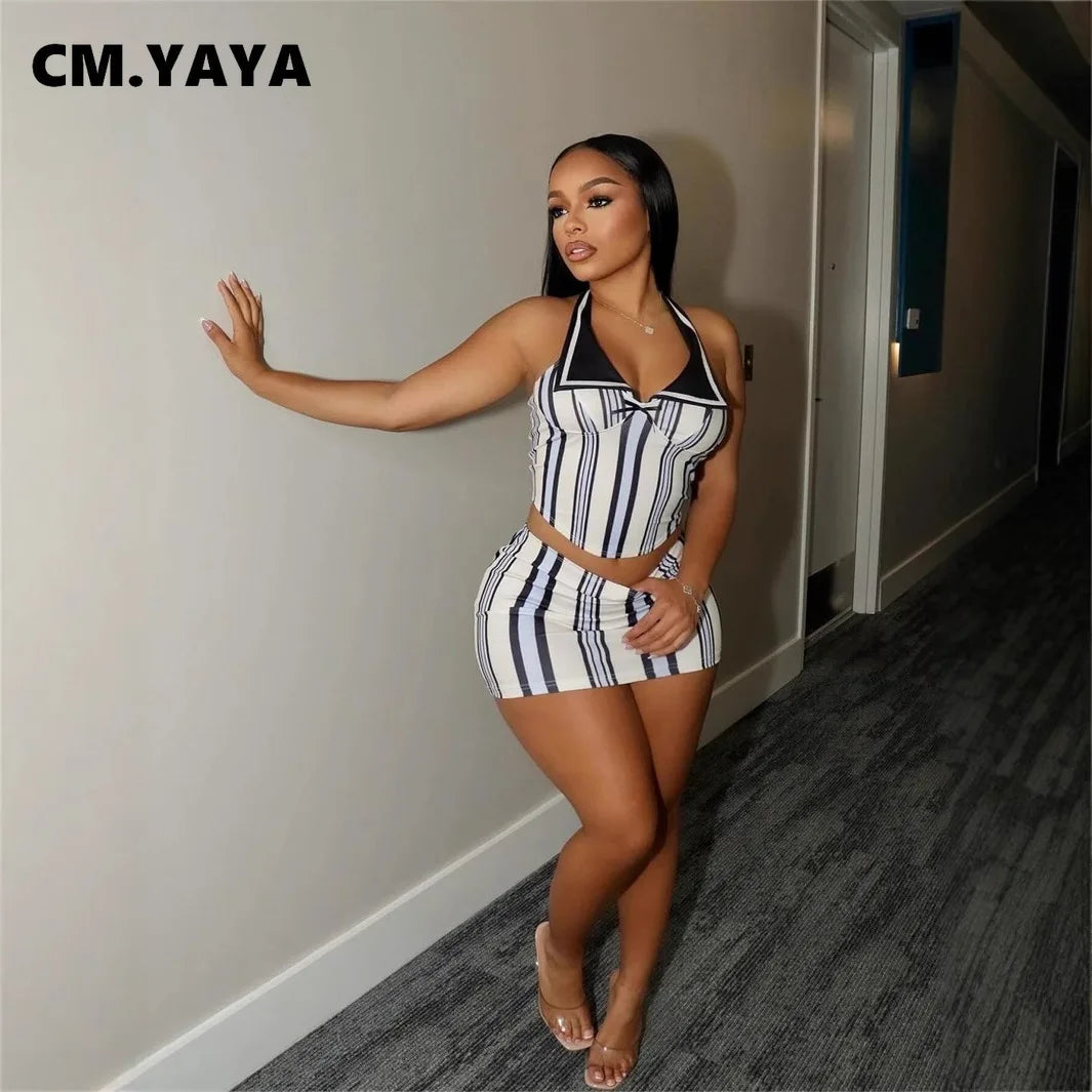 CM.YAYA Fashion Sporty Women's Set Mini Skirt and Sleeveless Striped Top Autumn Street Sext Girl Two 2 Piece Dress Sets Outfits