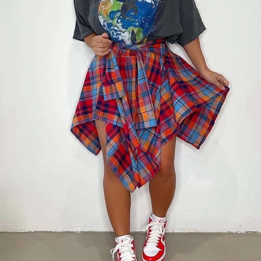 CM.YAYA Women Plaid Irregular High Waist Knee Length Skirts 2022 Summer Holiday Streetwear Sleeve Wrapped Lace Up Waist Skirt Multicolor