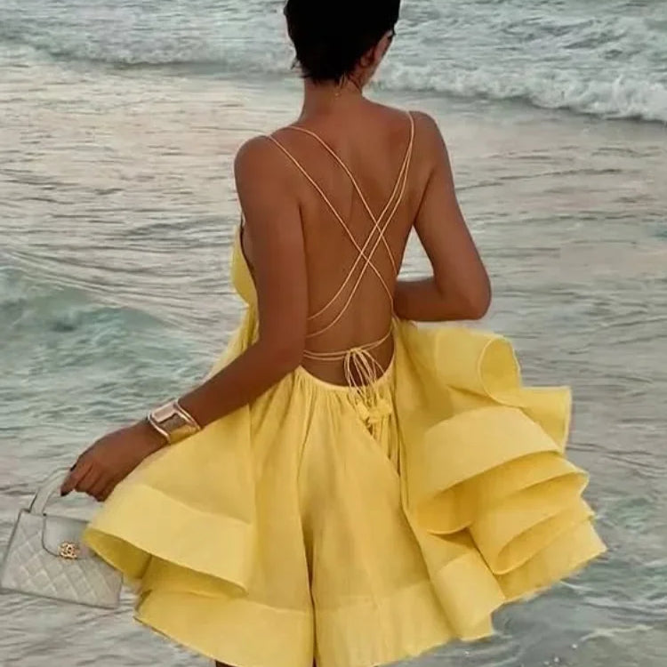 Elegant Yellow Pleated A-line Hem Mini Dress Women Sexy Sleeveless Open Back Lace-up Dresses Summer Lady Holiday Beach Vestidos