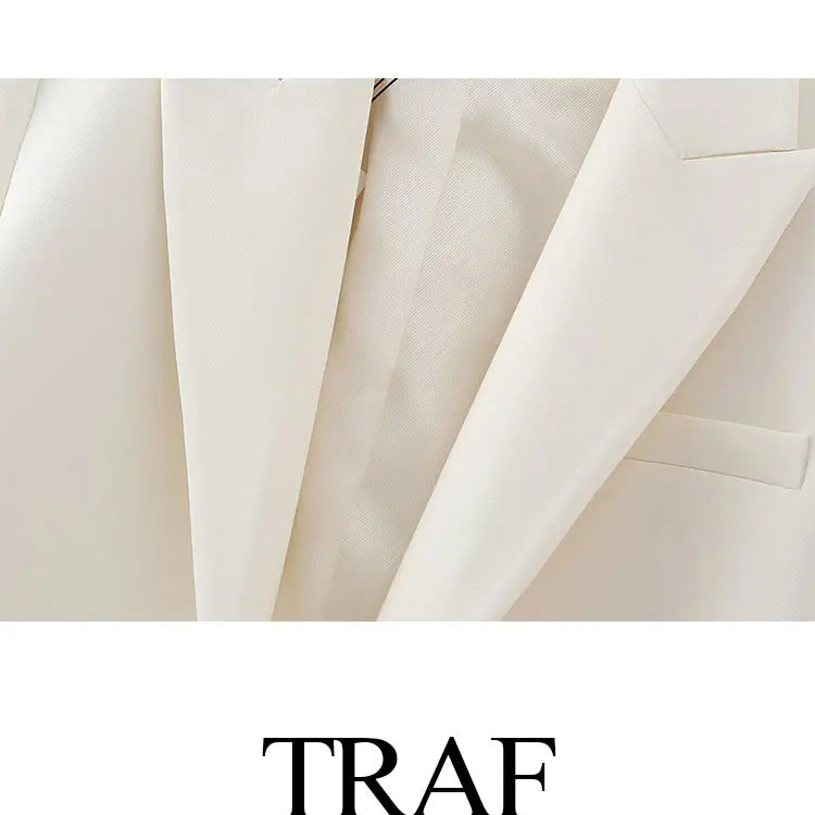 TRAF Spring Women's Solid Beige Blazer Suit Long Sleeves Cropped Blazer+High Waist With Belt A-Line Culottes Elegant Sets