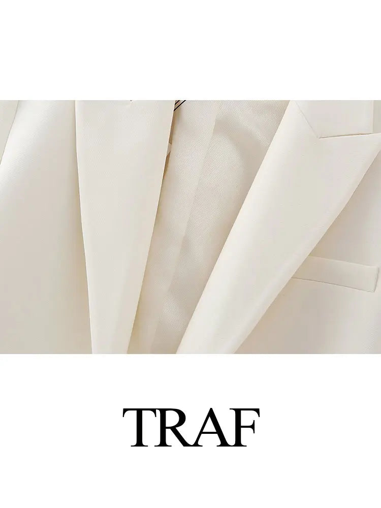 TRAF Spring Women's Solid Beige Blazer Suit Long Sleeves Cropped Blazer+High Waist With Belt A-Line Culottes Elegant Sets