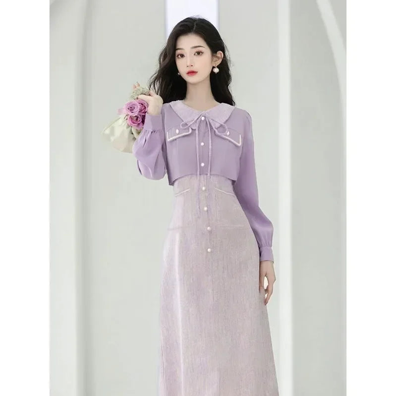 French Elegant Dress Lavender Temperament Women's Clothing High Grade Gentle Fake Two Piece Purple Long Sleeve Dress