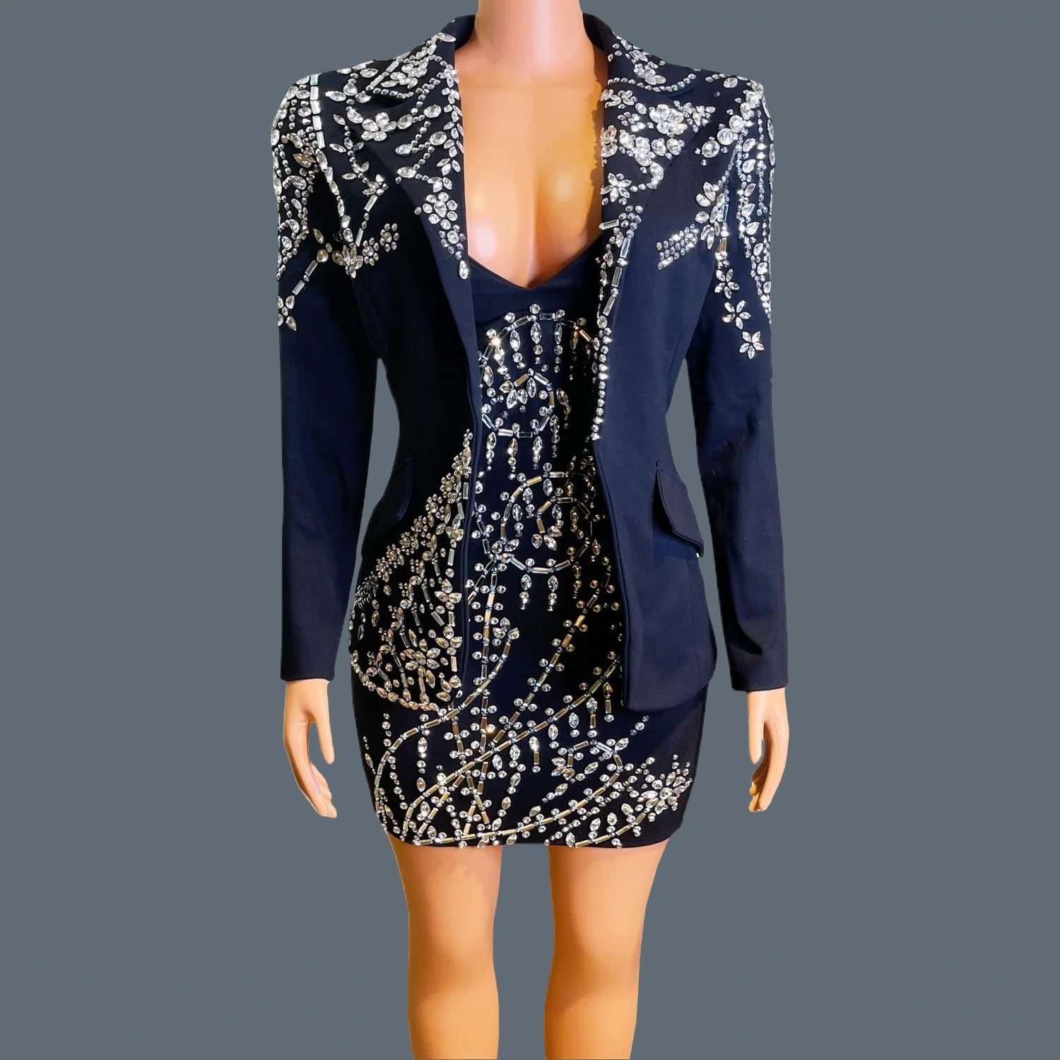 Trendy High-end Mini Dress with Jacket Sparkly Rhinestone Dress Birthday Party Cocktail Set Nightclub Prom Strap Dress Tengchong