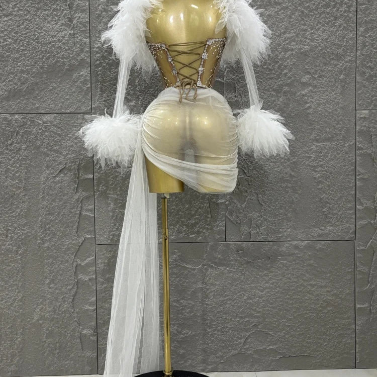 White Purple Women Sexy Mesh Ruffles 2 Pieces Bodycon Mini Dress See Through Celebrate Nightclub Party Bar Singer Stage Wear