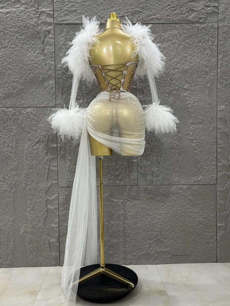 White Purple Women Sexy Mesh Ruffles 2 Pieces Bodycon Mini Dress See Through Celebrate Nightclub Party Bar Singer Stage Wear