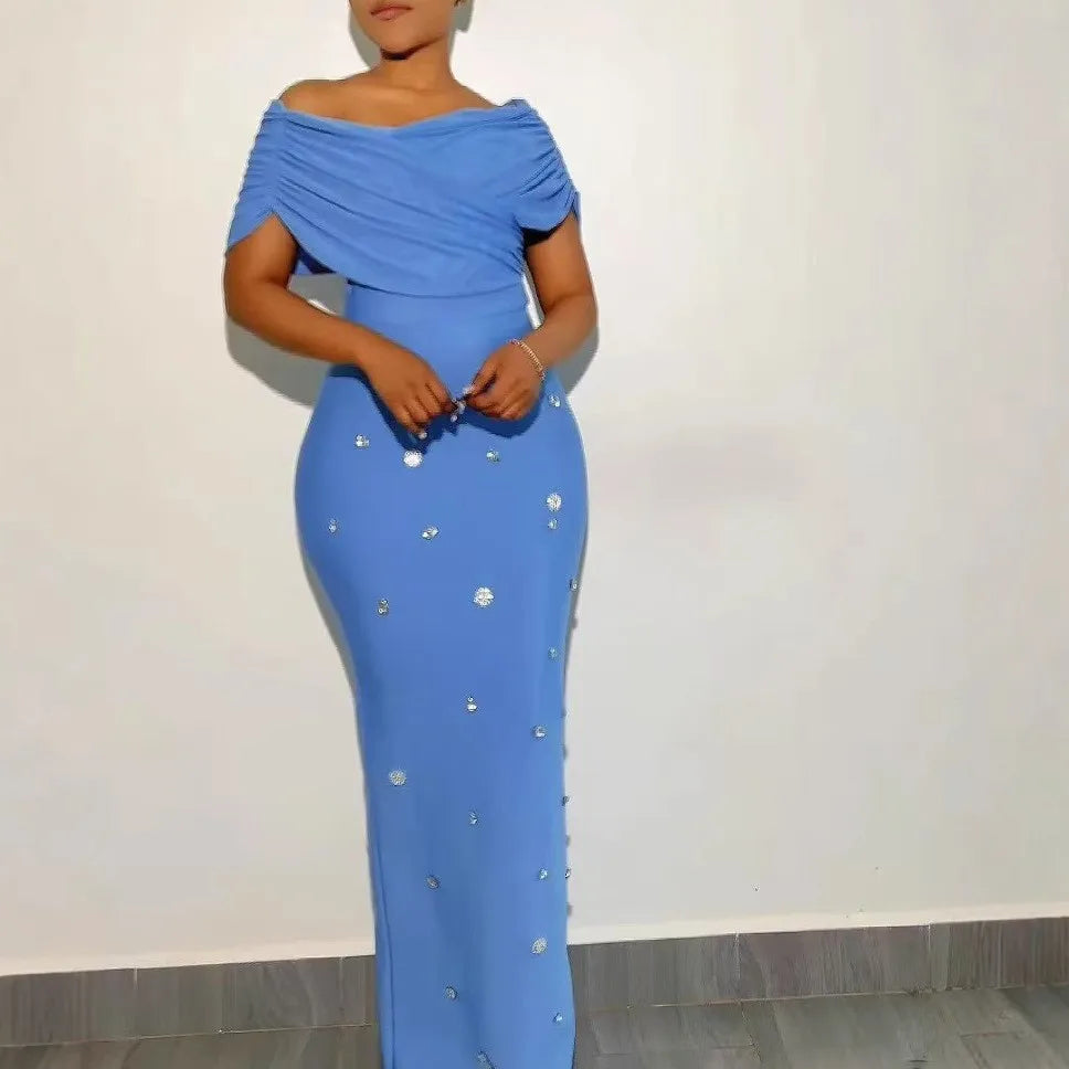 4 Colors Women Sexy Slash Neck Off the Shoulder Shinning Crystal Bodycon Long Bandage Dress Celebrate Birthday Party Outfit