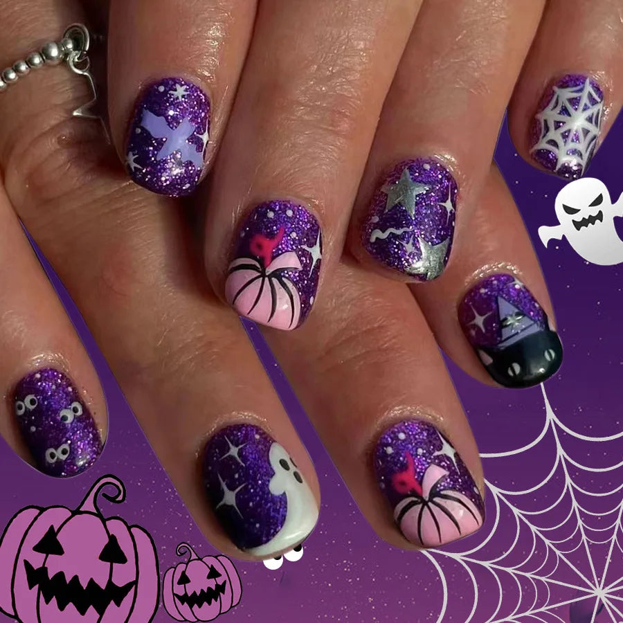 24Pcs Short Square False Nails Dark Forest Castle Design Press on Fake Nails Halloween Reusable Artificial Full Cover Nails Tips