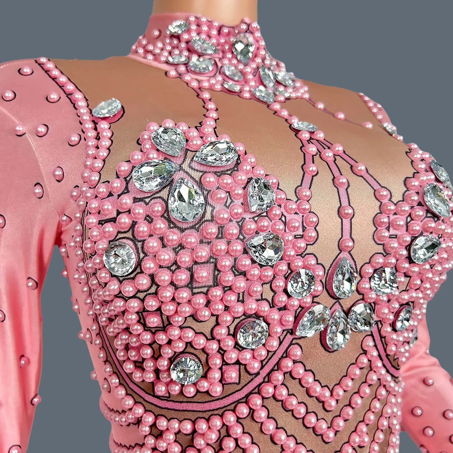 Luxury Rhinestones Long Sleeve Bodycon Pink Jumpsuit Sexy Singer Stage Show Spandex Costume Black Girls Club Jumpsuit Fensehuiyi