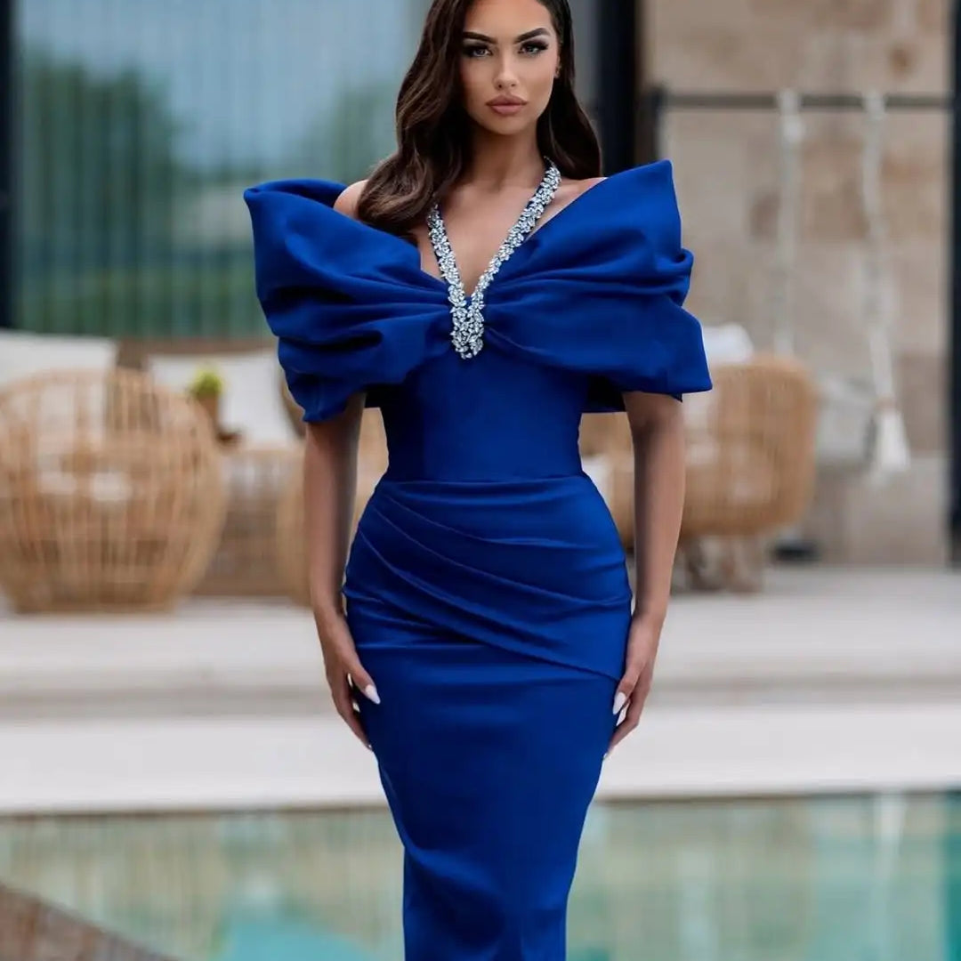 Red Black Women Sexy Halter Off the Shoulder Crystal Ruffles Bodycon Long Bandage Dress Nightclub Party Birthday Celebrate Wear