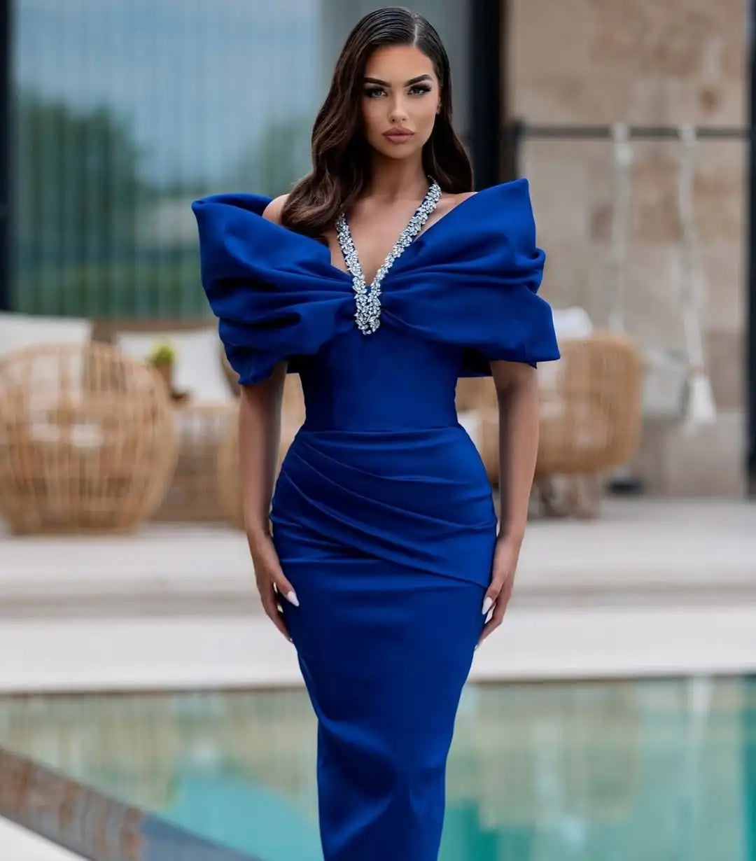 Red Black Women Sexy Halter Off the Shoulder Crystal Ruffles Bodycon Long Bandage Dress Nightclub Party Birthday Celebrate Wear