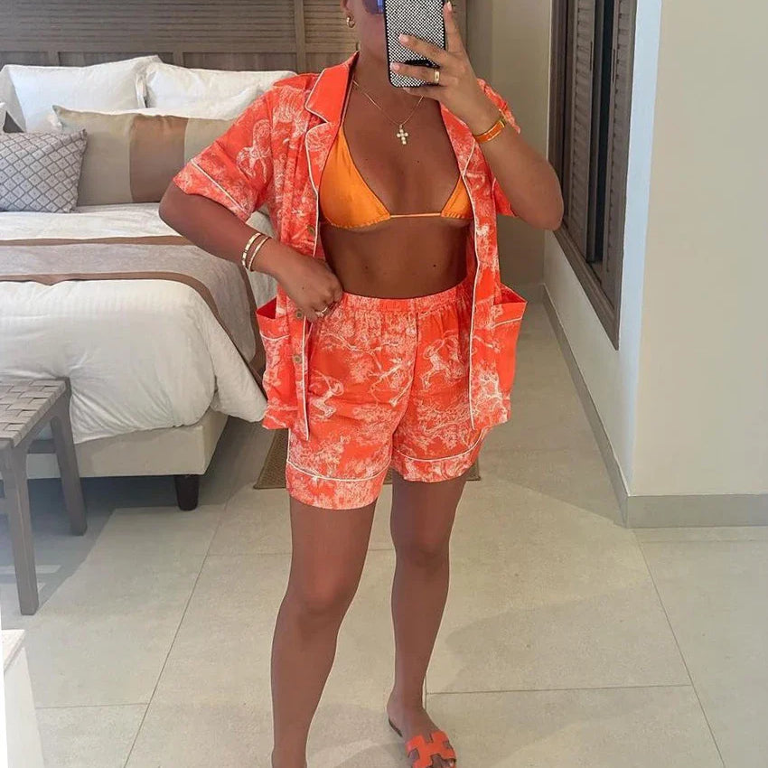 Clacive Fashion Loose Print 2 Piece Set Women Outfit Summer Short Sleeve Shirt With High Waist Shorts Set Female Streetwear