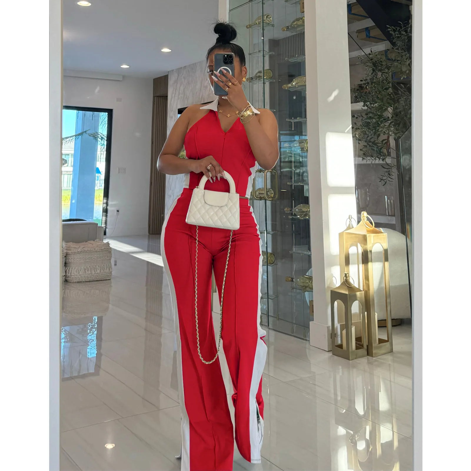 CM.YAYA Sporty Patchwork Women's Set Sleeveless Polo-tank Tops and Slit Flare Pants 2025 Active Two 2 Piece Set Outfit Tracksuit