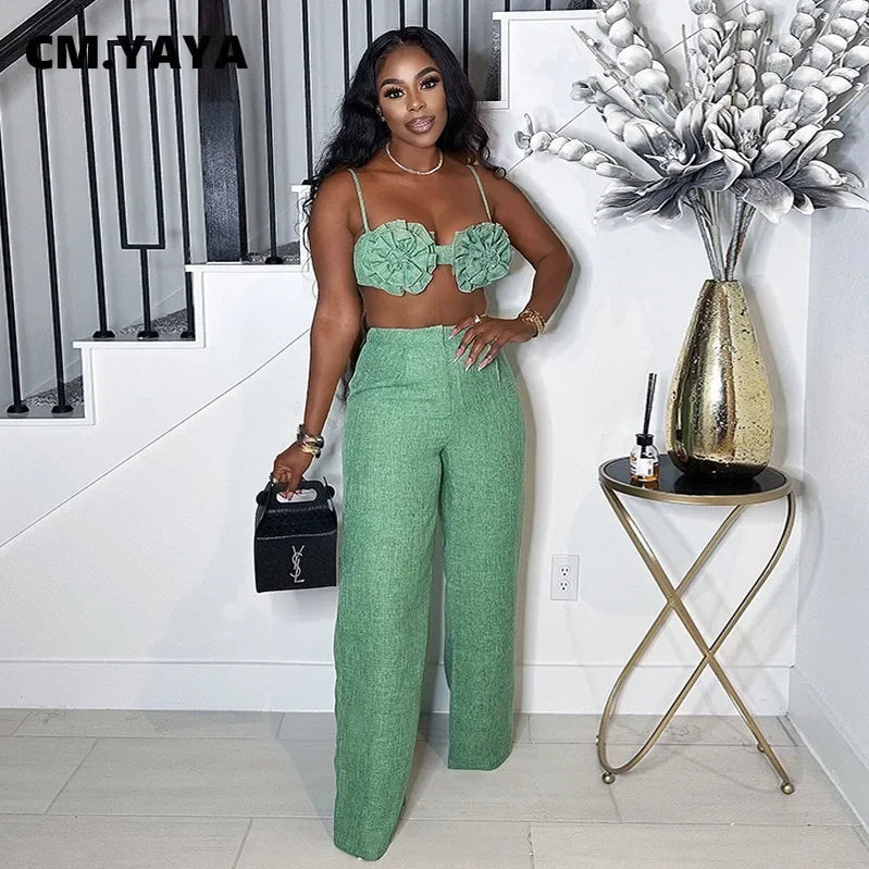 CM.YAYA Streetwear Women's Set Sleeveless 3D Flower Crop Bra Top+Wide Leg Pants Elegant beach holiday Two 2 Piece Set Outfits