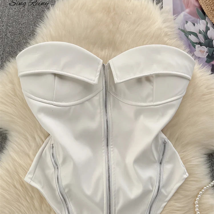 SINGREINY Strapless PU Leather Short Tank Top Fashion Zipper Design Slim Chic Backless Camis Ladies Streetwear Club Sexy Top white One Size