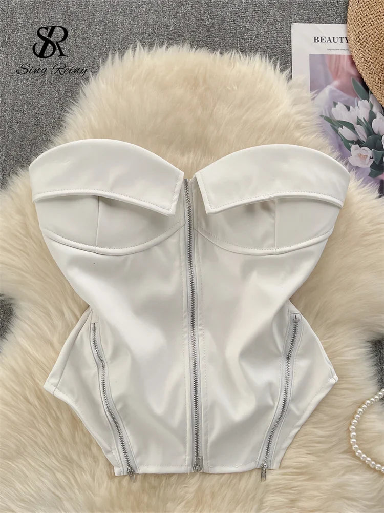 SINGREINY Strapless PU Leather Short Tank Top Fashion Zipper Design Slim Chic Backless Camis Ladies Streetwear Club Sexy Top white One Size