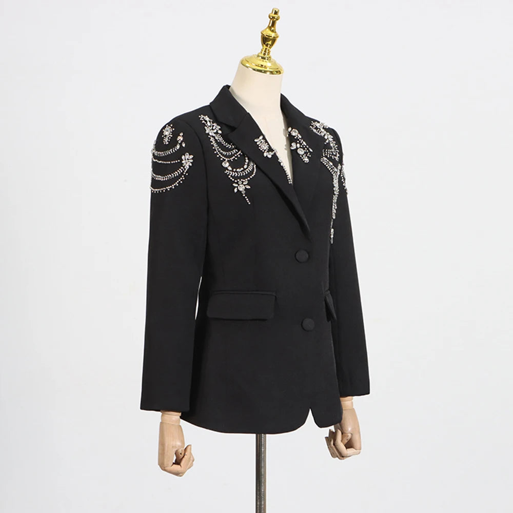 TWOTWINSTYLE Solid Spliced Diamond Luxurious Jackets for Women Lapel Long Sleeve Patchwork Pocket Elegant Jacket Female Clothing