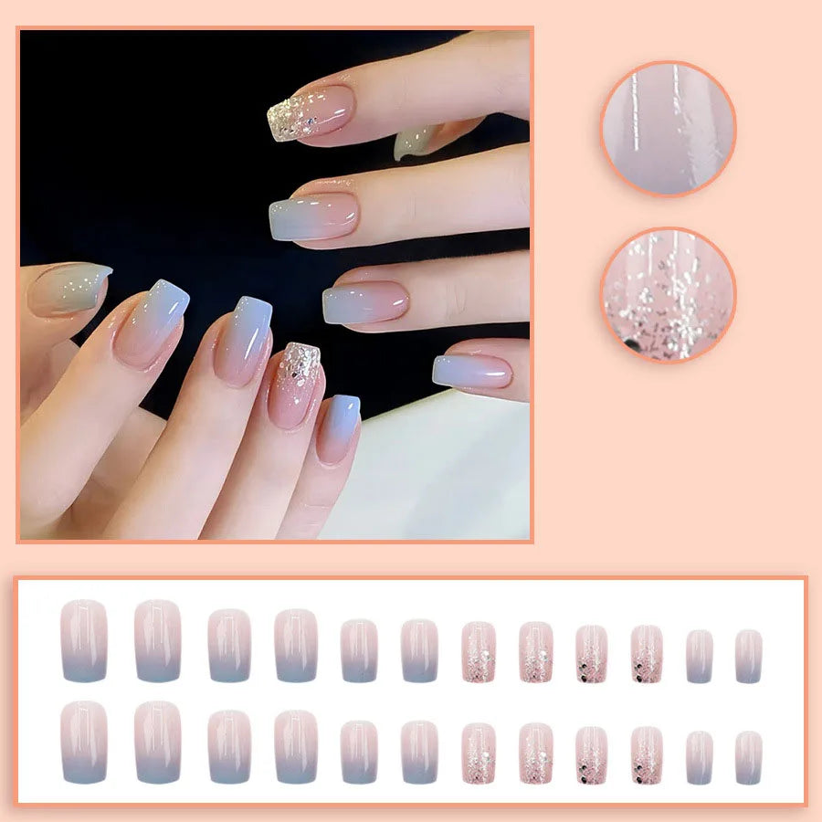 24pcs/set Short Medium fake nails for women girls gradient shiny glitters heart french Square almond tips Press on false nail