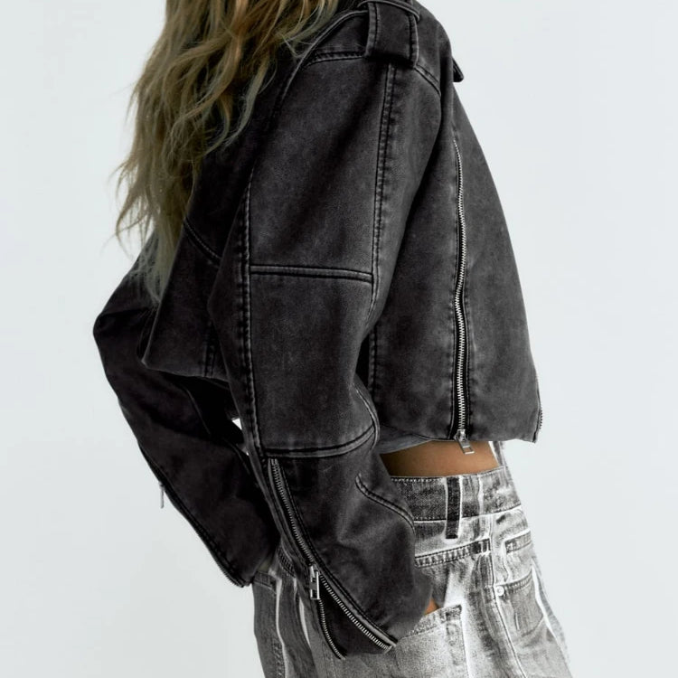 Women's PU Leather Short Jacket Coats Lapel Collar Long Sleeves Distressed Faux Leather Biker Jacket Female Chic Outerwear