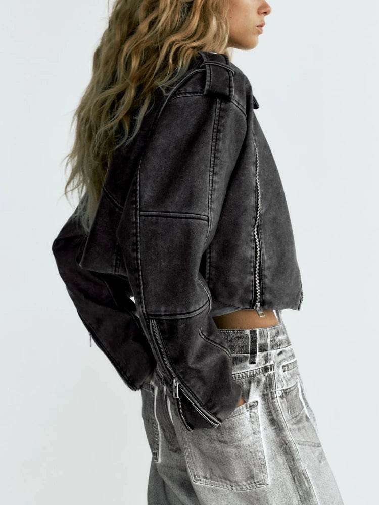 Women's PU Leather Short Jacket Coats Lapel Collar Long Sleeves Distressed Faux Leather Biker Jacket Female Chic Outerwear