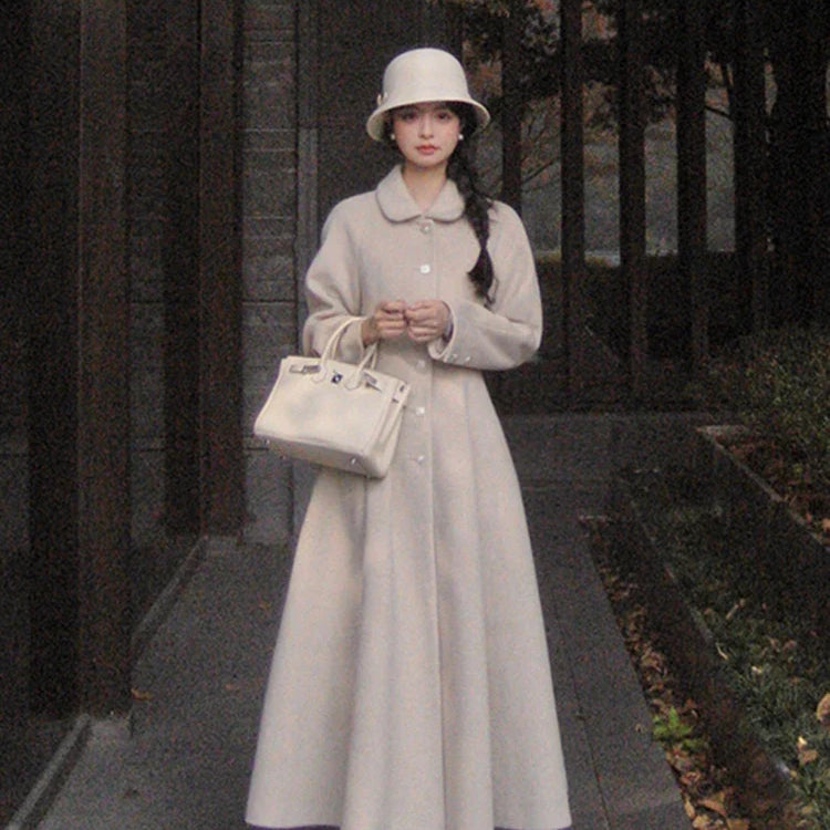 Winter Long Wool & blends Coat for Women Chic Luxury Elegant High Quality Womans Clothing Skirted Woolen Overcoat 2024