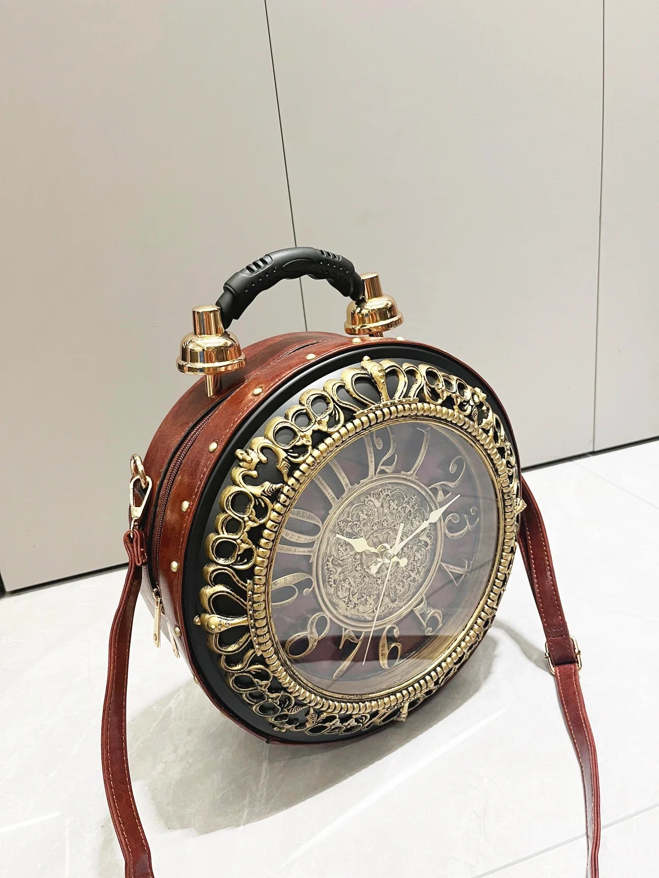 Luxury Designer Purses and Handbags Shoulder Bags funny clock-shaped bag funny Women's round bag pu leather Woman's bag brown