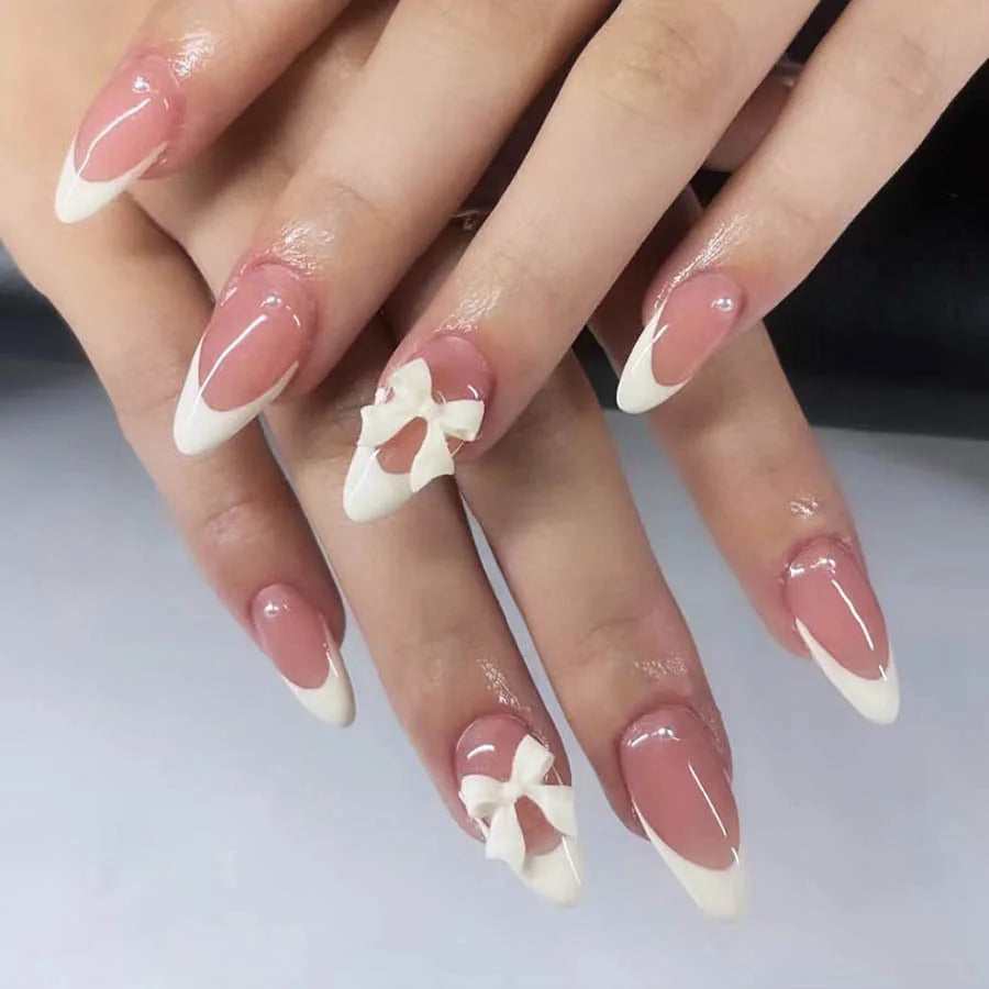 Pink French Style Fake Nails Almond Ballerina Press on Nails 3D Bowknot Designs Nude Color Stick-on False Nails Tips 24Pcs