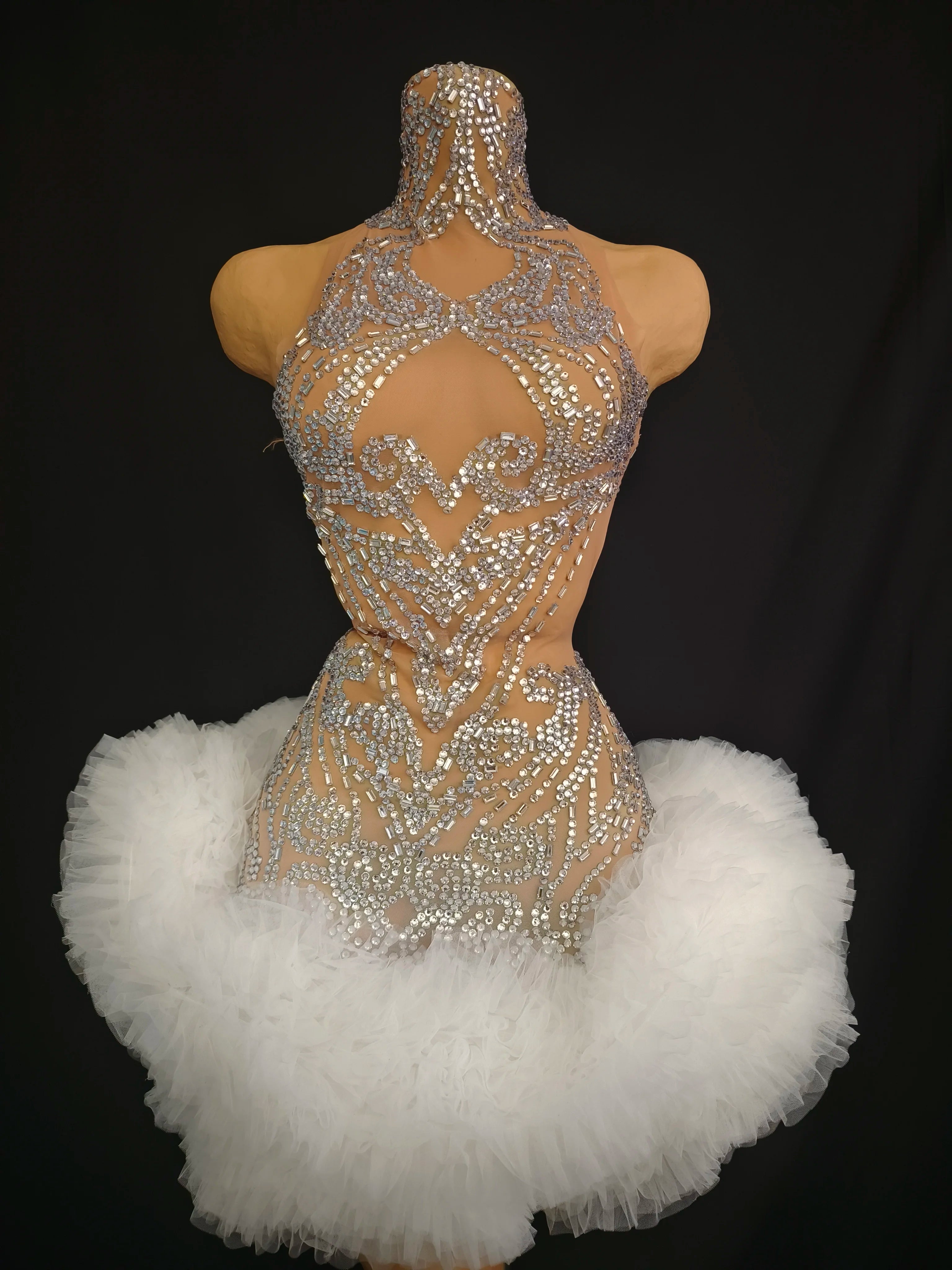 Women Sexy Mesh Nude Stretchy Sleeveless Night Club See Through Singer Dancer tage Costume Mini Party Dress