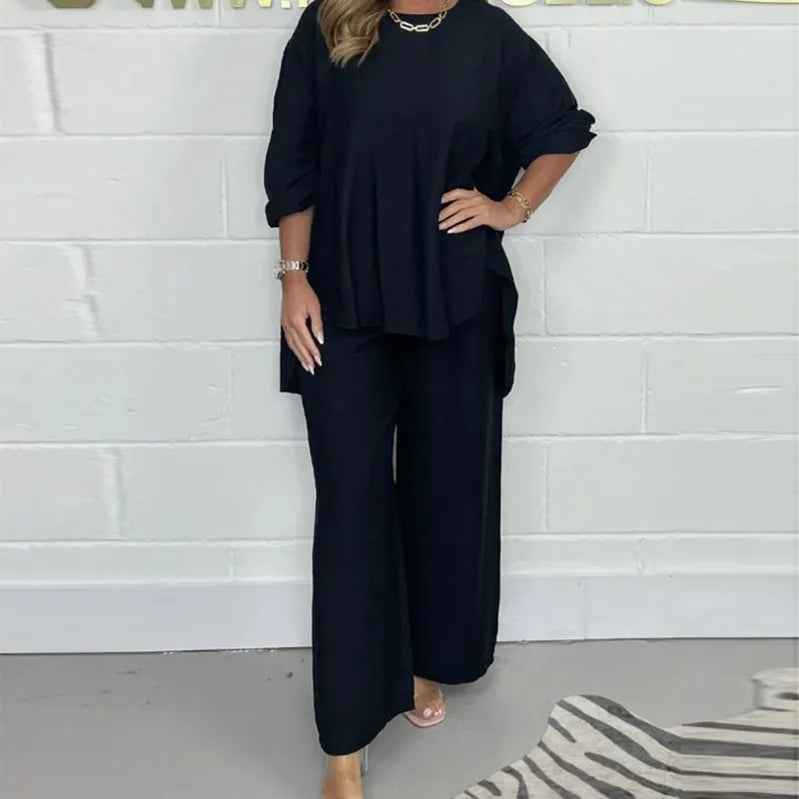 Elegant Casual Solid Color Loose 2pc Set Fashion O Neck Long Sleeve Pullover+Wide Leg Pants Outfits Spring Simple Loose Soft Set