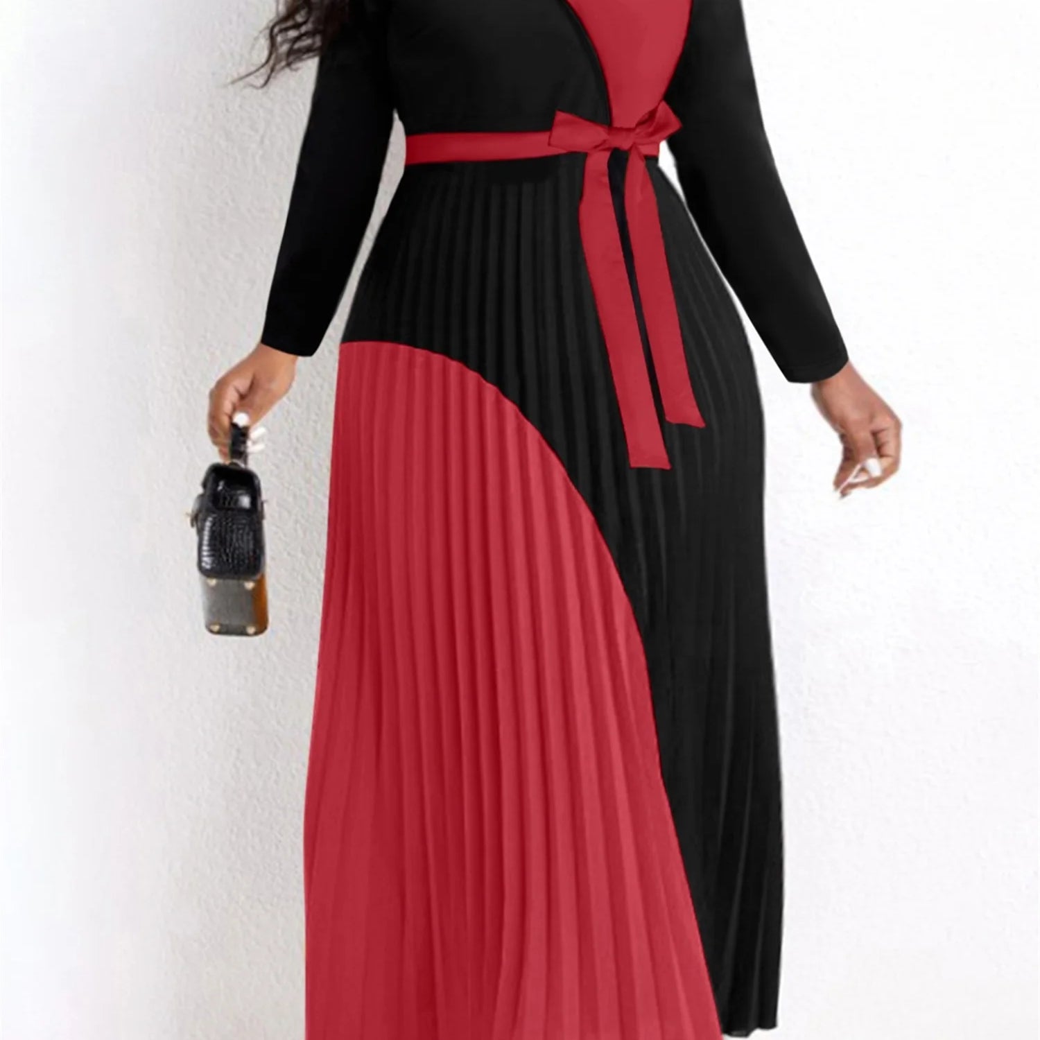 Elegant Fall Maxi Dresses Bandage Design Tiered Pleated A Line Dress Belted Long Sleeve V Neck Flowy Patchwork Vestidos