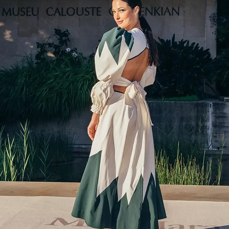 Loose Puff V Neck Backless Printed Maxi Dress Woman Casual Lace Up Lantern Sleeve Robe New Ladies Chic High Street Vestidos