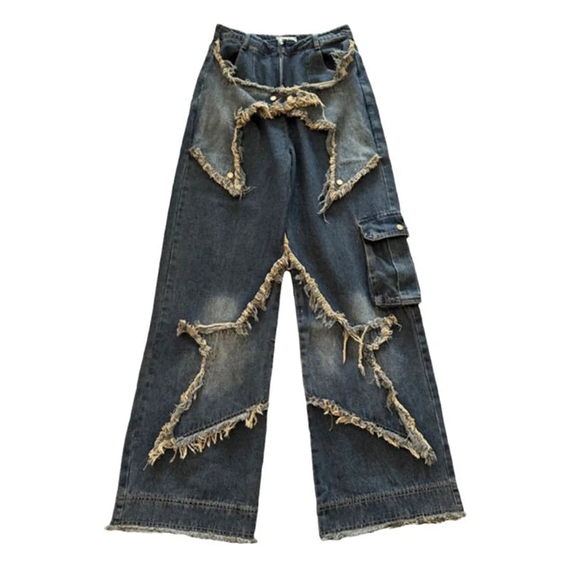 Cargo Jeans Pants Women Street Loose Oversize Panelled Pentacle Raw Hem Pant 2023 Vintage Blue Hip Hop Female Denim Trousers blue