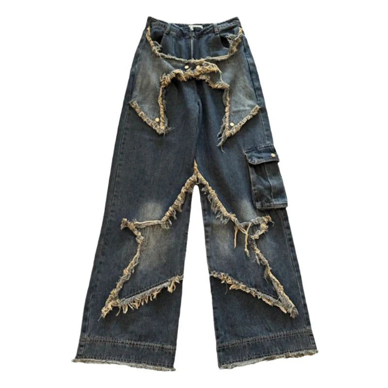 Cargo Jeans Pants Women Street Loose Oversize Panelled Pentacle Raw Hem Pant 2023 Vintage Blue Hip Hop Female Denim Trousers blue