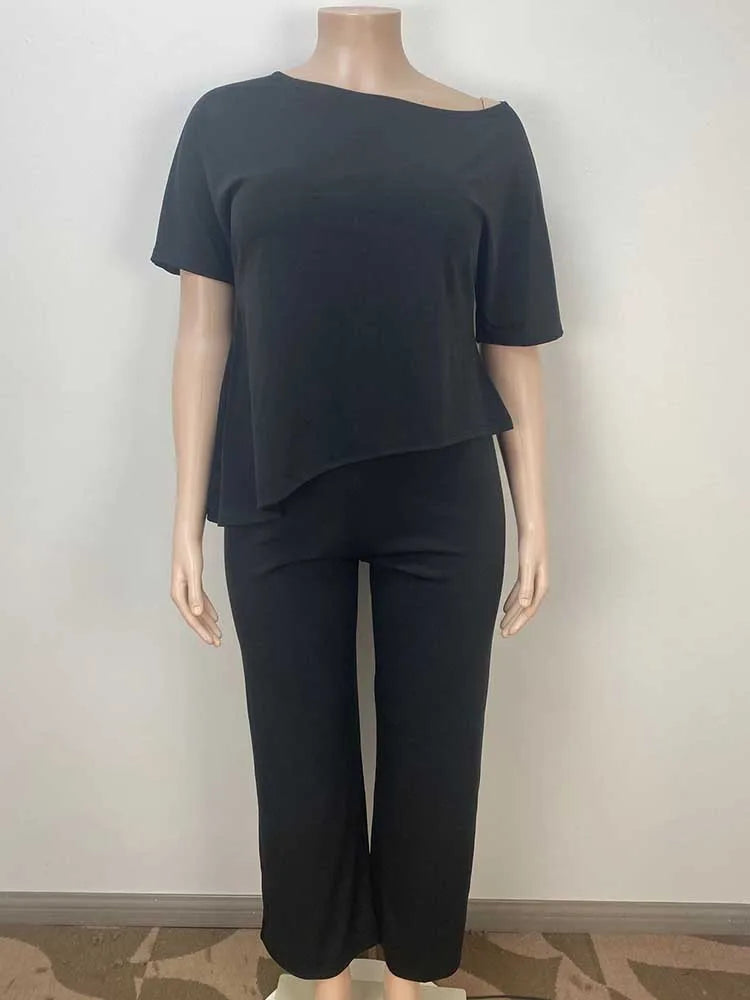 Plus Size Woman Clothing Summer Suit with Pants Casual Loose 2 Piece Sets Trousers and Top Solid Color Wholesale Dropshipping