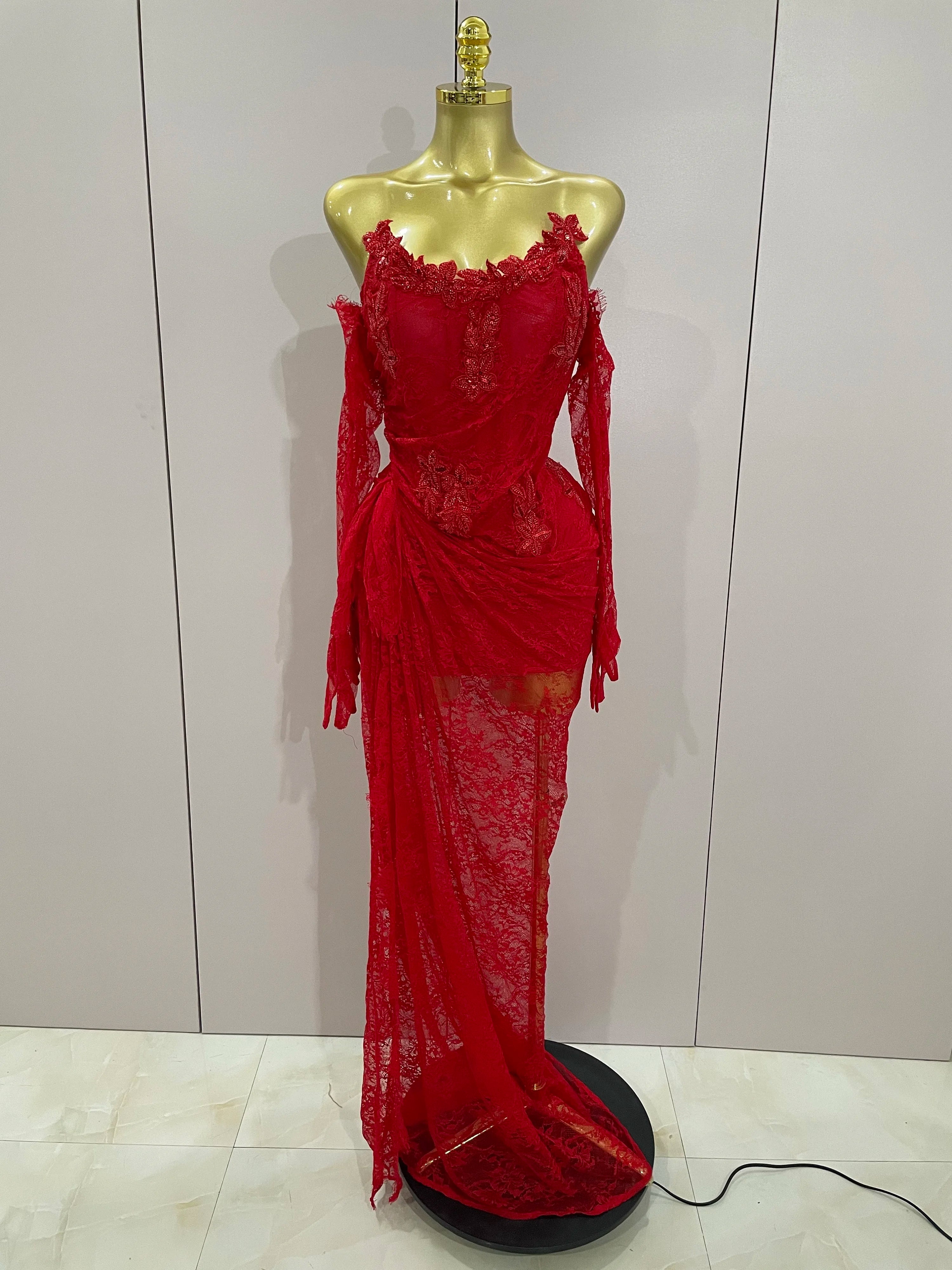 Women Sexy Strapless Backless Red Lace Split Maxi Long Bodycon Dress 2025 Celebrity Elegant Evening Club Birthday Party Outfit