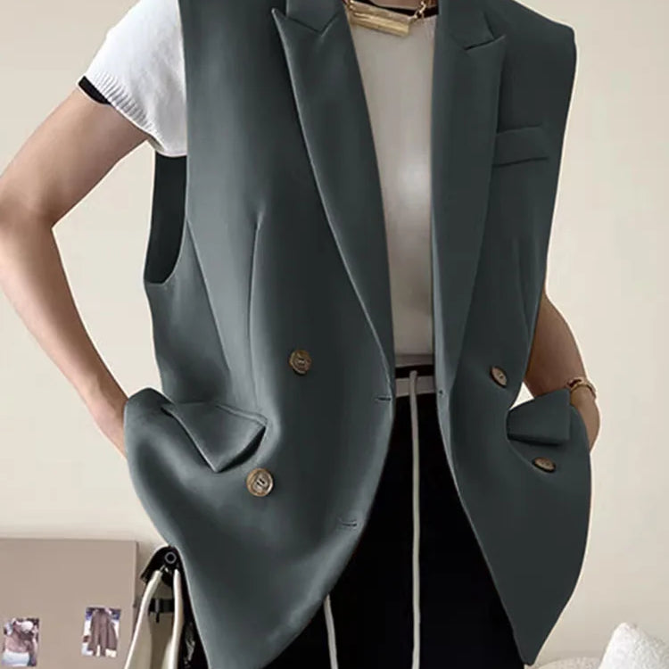 Fashion Women Vests Korean Style Sleeveless Casual Blazer Elegant Peak Lapel Suit Coats Oversize OL Black Vests