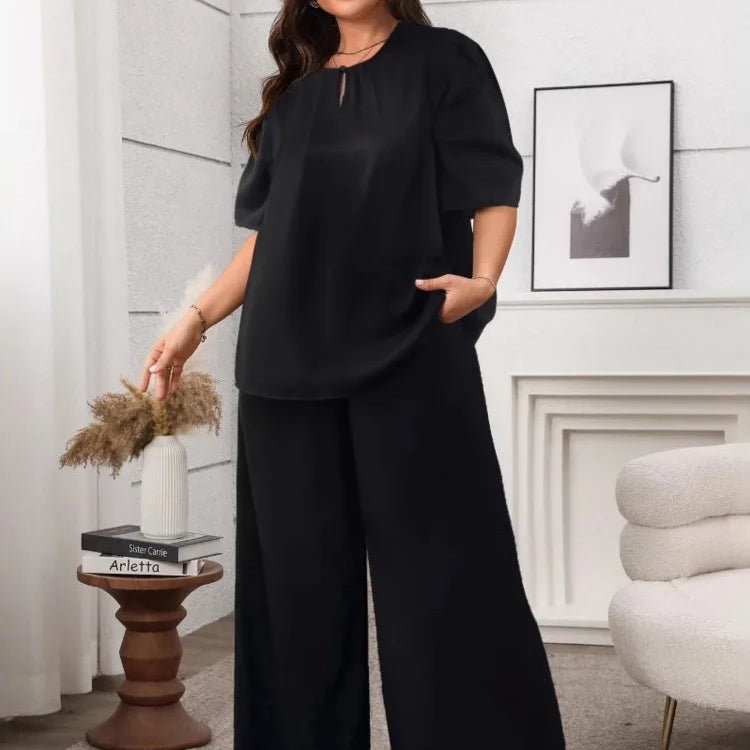 Plus Size Summer 2 Two Piece Set Women Pleated Short Sleeve Modis Casual Ladies Blouses Loose Wide Leg Elastic Waist Woman Pant