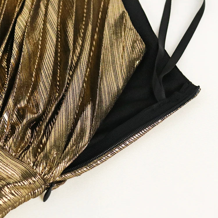 Elegant Women Even Dresses Luxury Maxi Long Metallic Pleated Dress One Shoulder Sleeveless Premium Shiny Shimmer Gowns Big Size