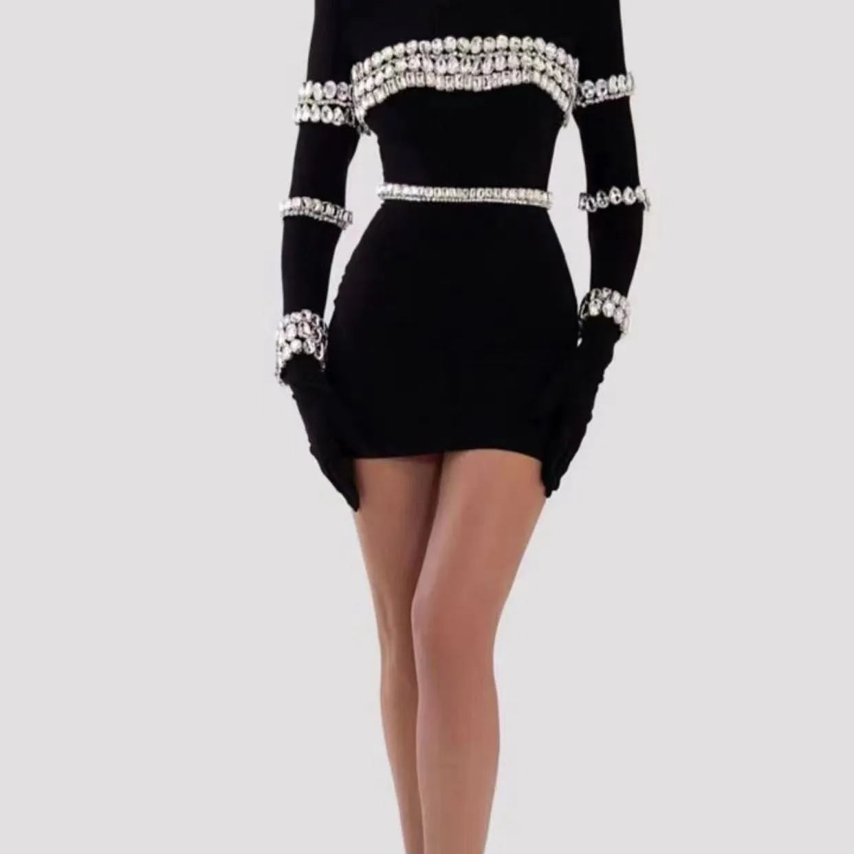 STOCK New Winter High Quality Sparkling Diamonds Half High Collar Black Mini Bandage Dress Fashion Woman Evening Party Outfit