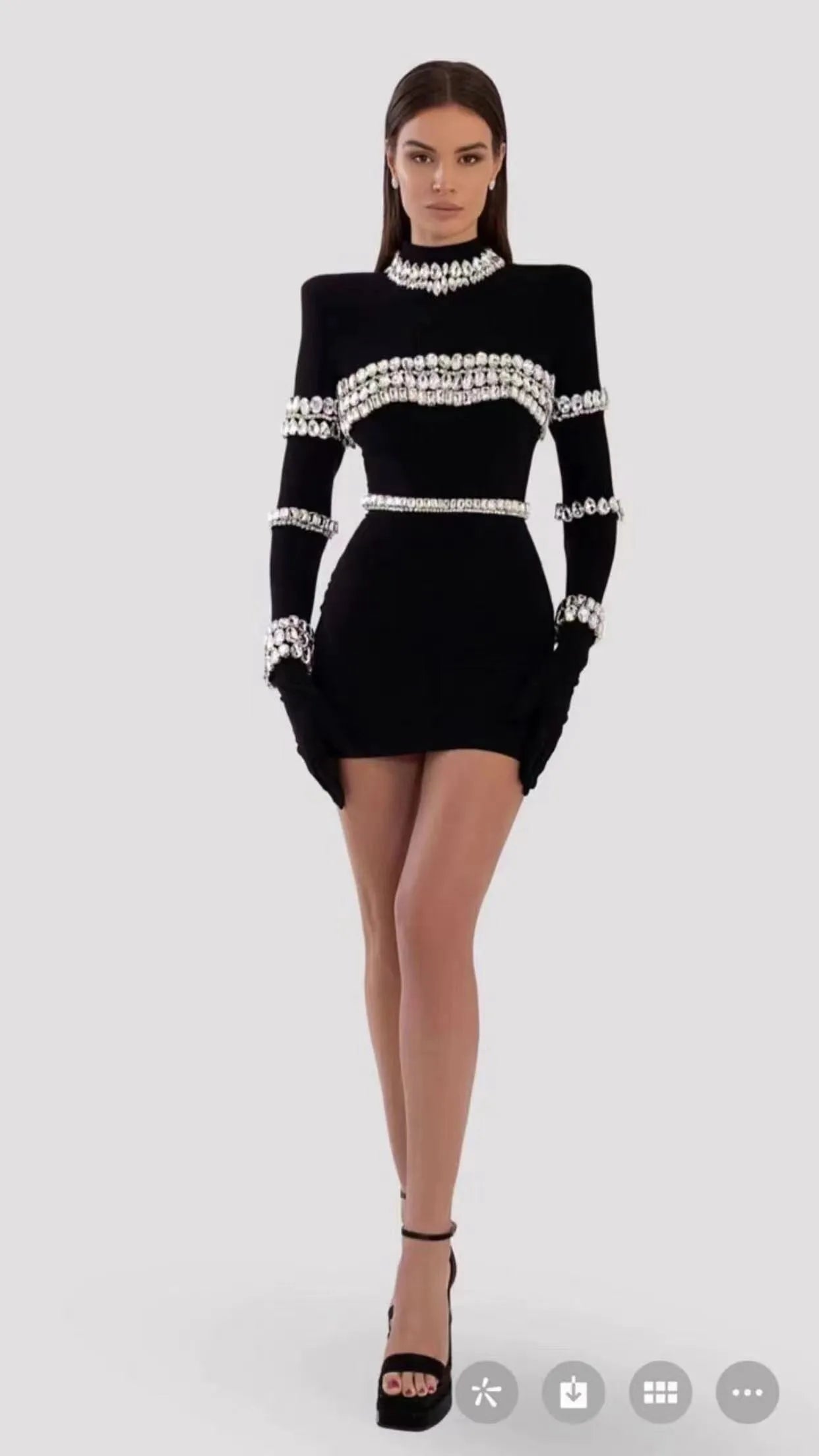 STOCK New Winter High Quality Sparkling Diamonds Half High Collar Black Mini Bandage Dress Fashion Woman Evening Party Outfit