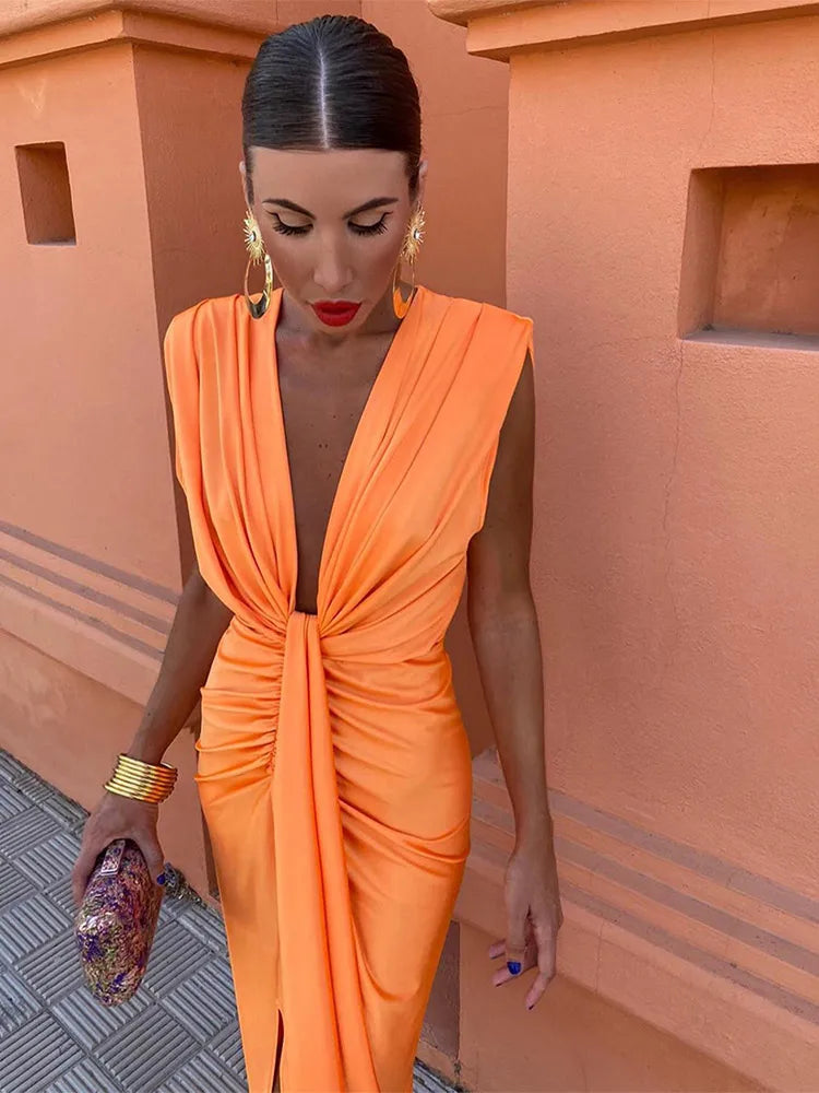 Sexy Deep V Neck Flods Split Dress Women Elegant Solid Sleeveless Midi Vestidos Summer New Ladies Evening Party Robes Orange