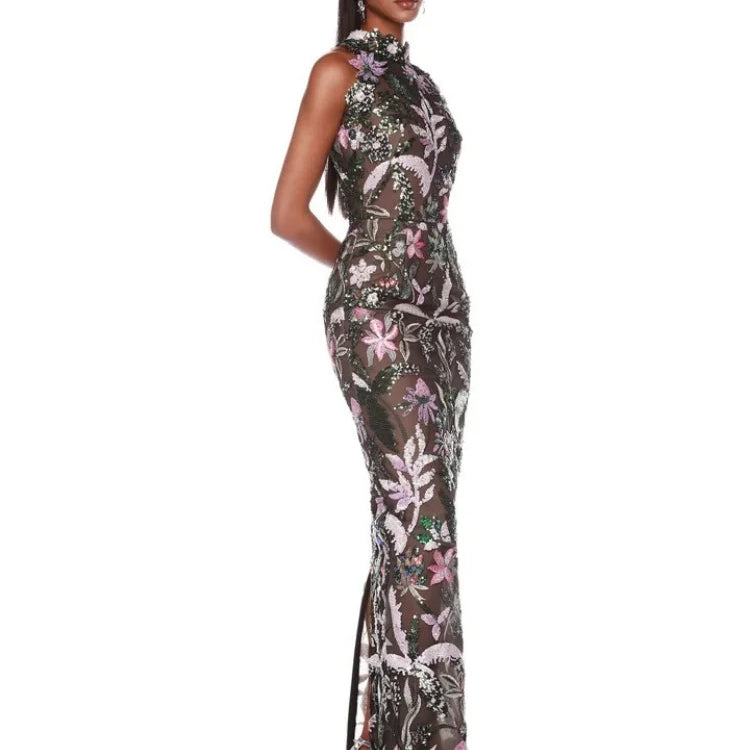 2024 Sequin Flowers Embroidery O-Neck Sleeveless Sheath Ankle Length Dress Gracful Woman Evening Dress Celebrity Party Outfit