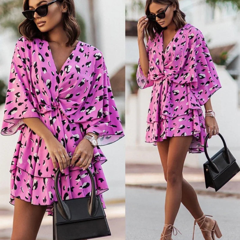 Women Bat Short Sleeve Dresses Summer Boho Floral Print High Waist Ruffle Vestido 2023 Holiday Party Sexy V Neck Robe Dresses