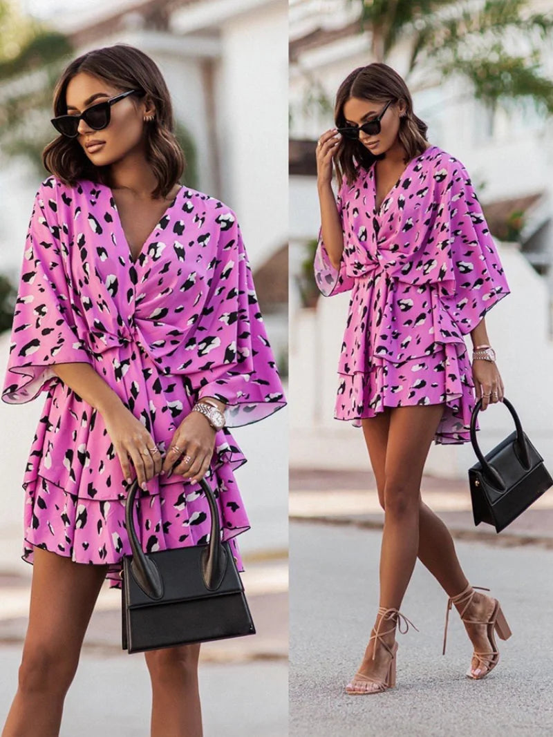 Women Bat Short Sleeve Dresses Summer Boho Floral Print High Waist Ruffle Vestido 2023 Holiday Party Sexy V Neck Robe Dresses