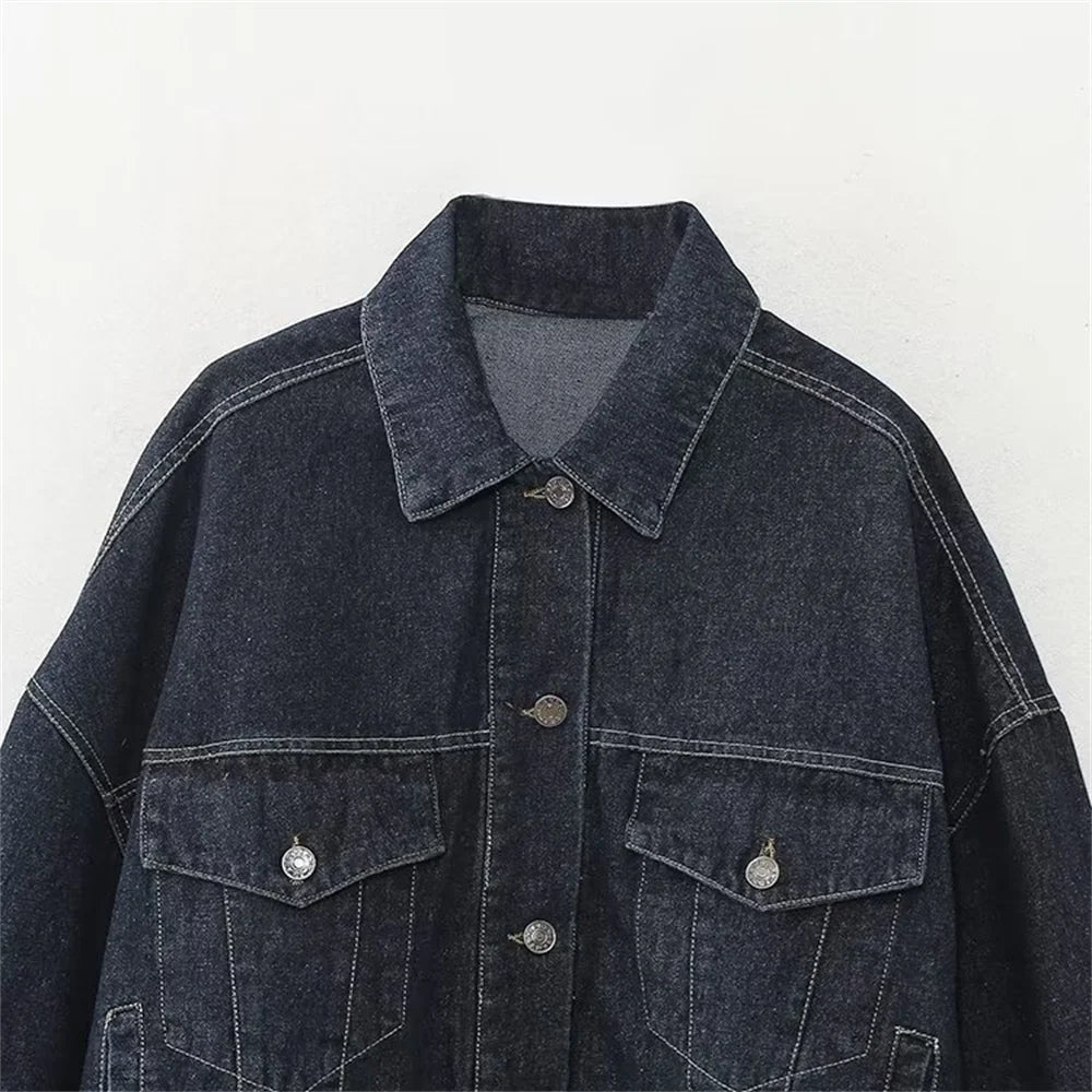 Women's Fashion Casual Denim Jacket Coat Curled Hem Pants Set