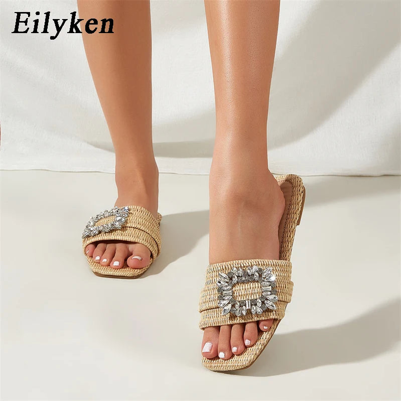 Eilyken Verão Glitter Strass Chinelos Femininos Brilhante Diamante Flat Bottom Cane Cristal Sandálias Praia Slides Sapatos Zapatos muje