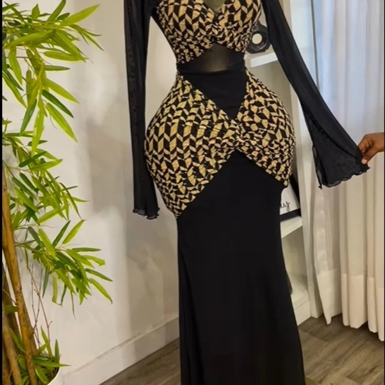 CM.YAYA Women Houndstooth Printed Long Sleeve Draped Ruched Bodycon Midi Mini Dress 2025 Vacation Sexy Party Evening Dresses