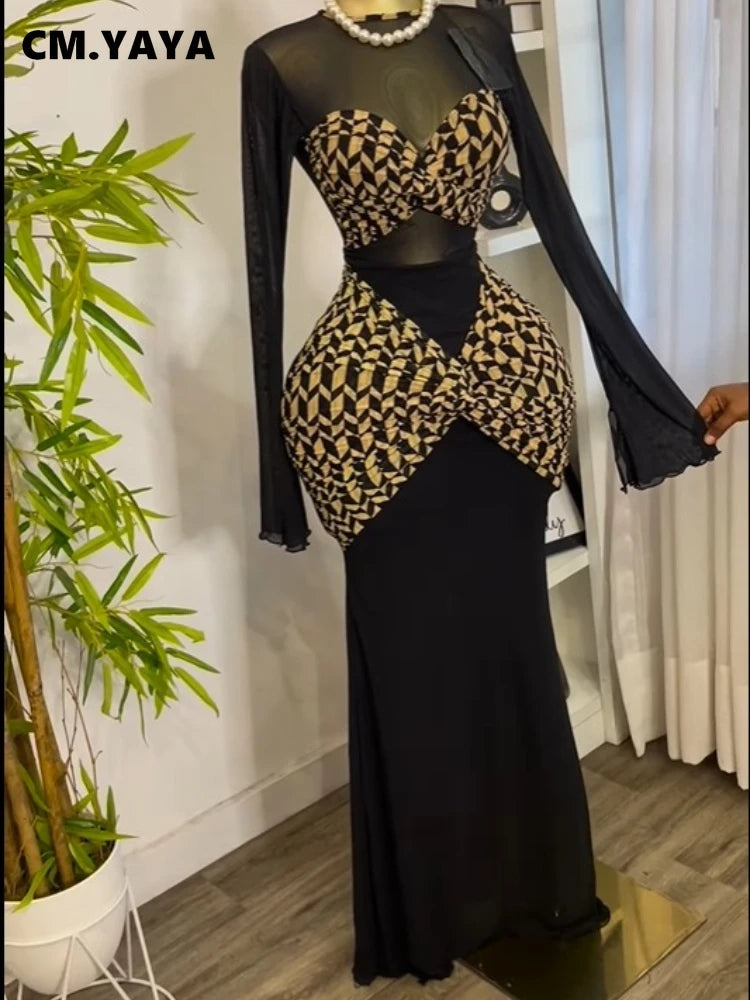 CM.YAYA Women Houndstooth Printed Long Sleeve Draped Ruched Bodycon Midi Mini Dress 2025 Vacation Sexy Party Evening Dresses