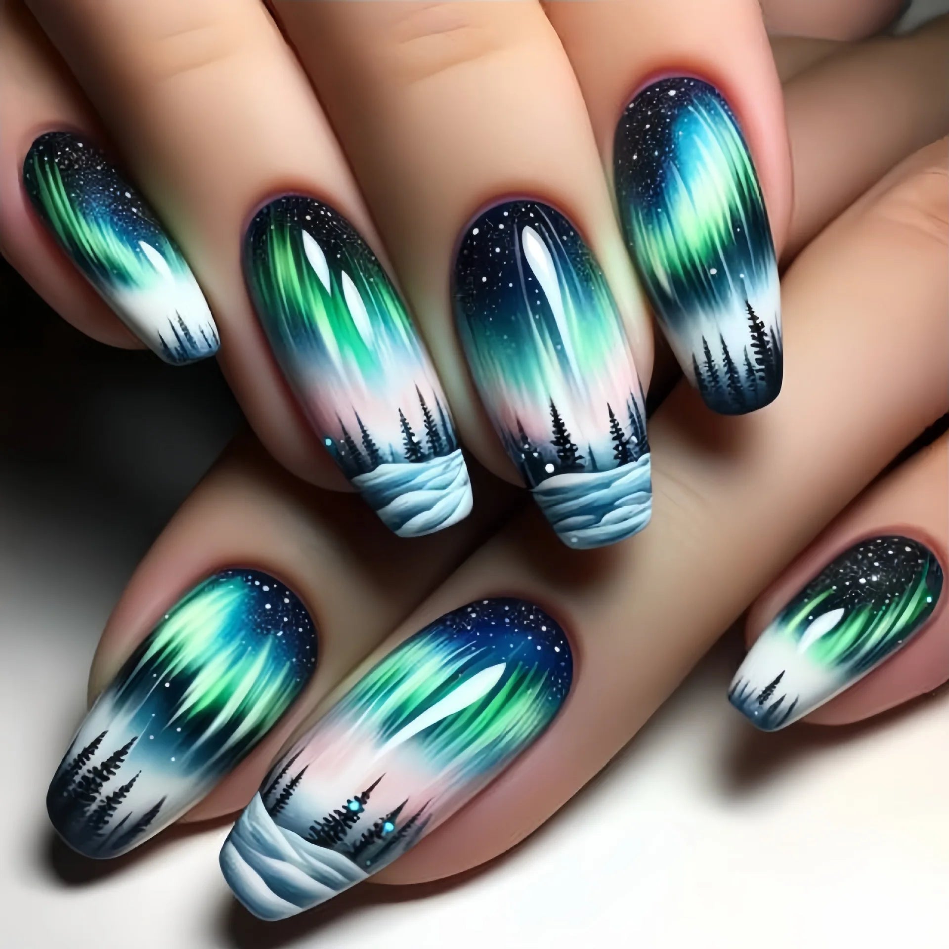 24pcs/set medium long fake nails fashion butterfly feather forest sea wave design gradient blue purple green press on false nail
